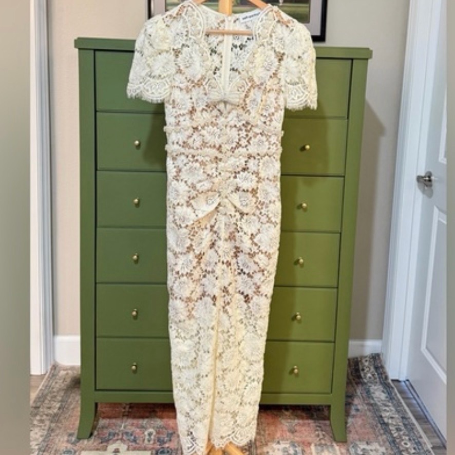Self-Portrait Cream Fine Lace Pearl Midi Dress, Brand New, Never Worn, No Flaws.